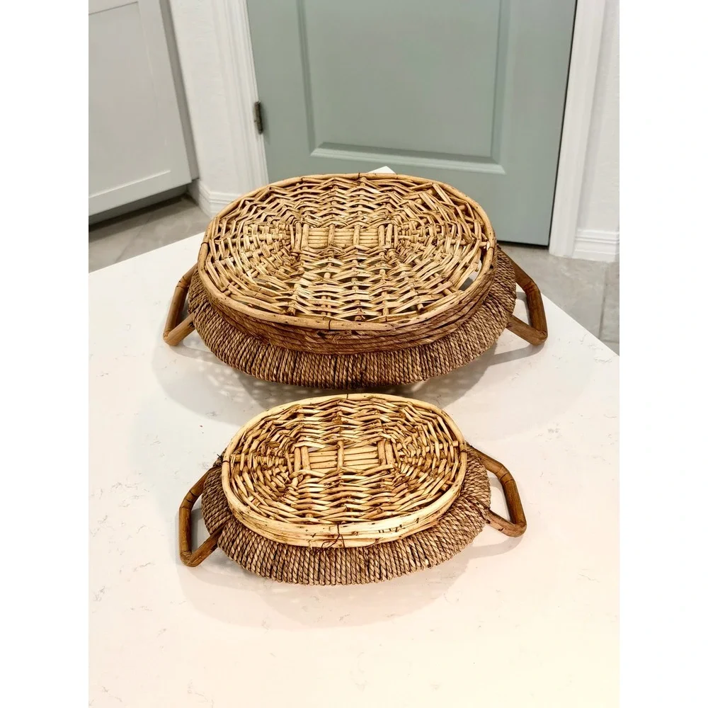Set of 2 Woven Wicker Rattan Oval Serving Trays with Handles Natural Nesting